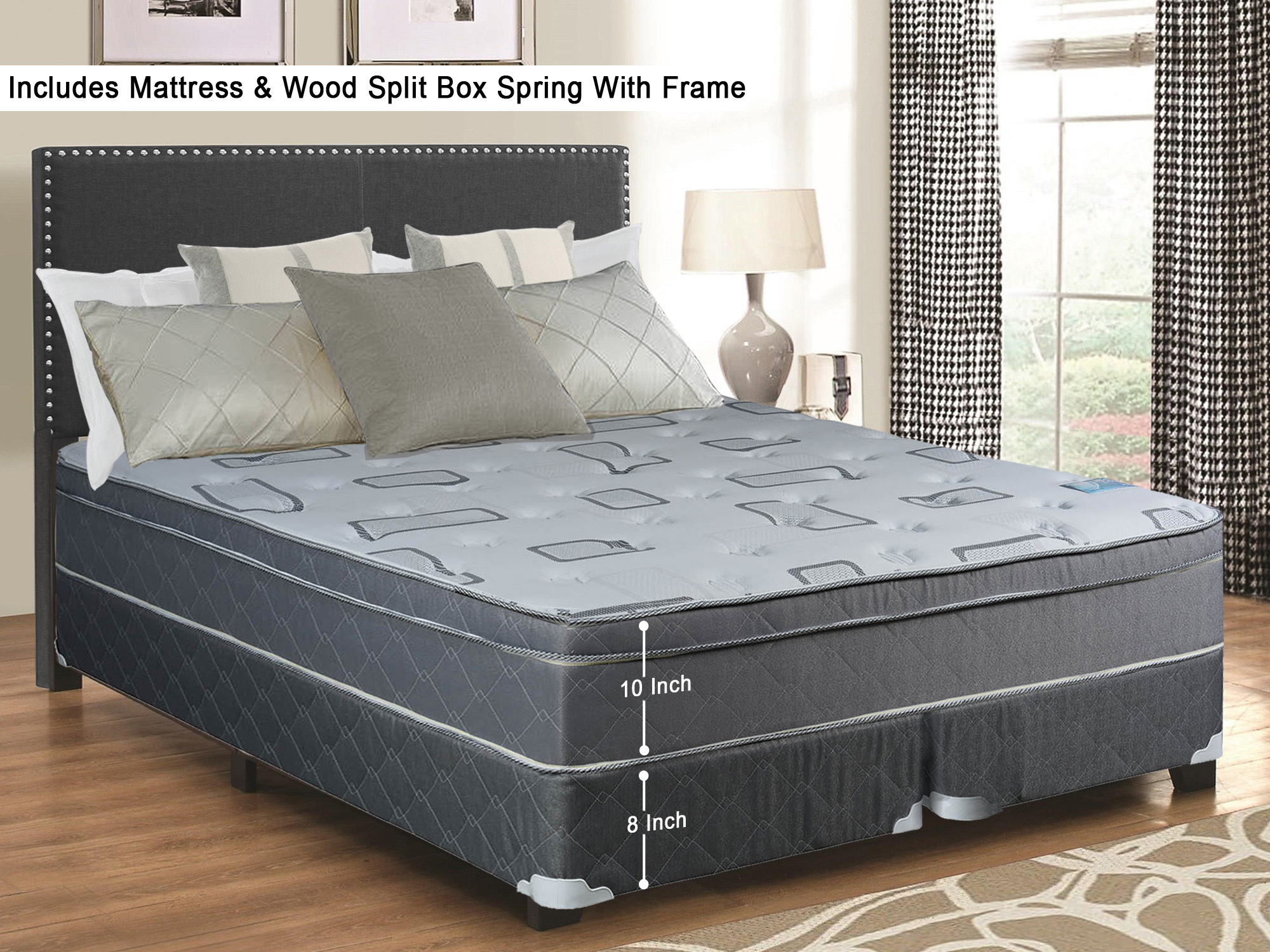 Twin Size 74 x 38 10-Inch Meduim Firm Foam Encased Hybrid Eurotop Pillowtop Innerspring Mattress And Split Wood Traditional Box Spring//Foundation Set Continental Sleep